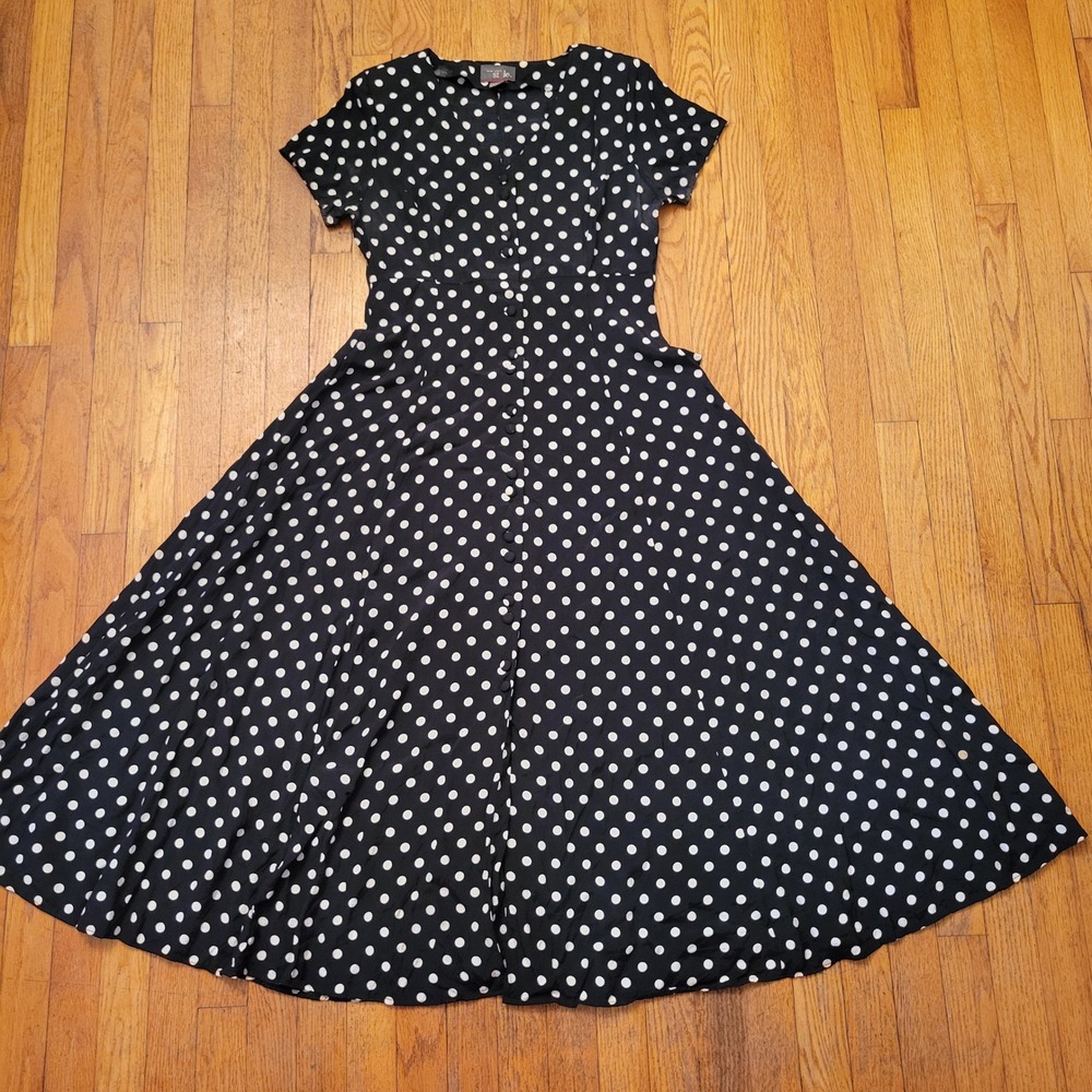 NY Style 10 Maxi Dress Black Polka Dot Button Front Tie Back Vintage Mod Classic